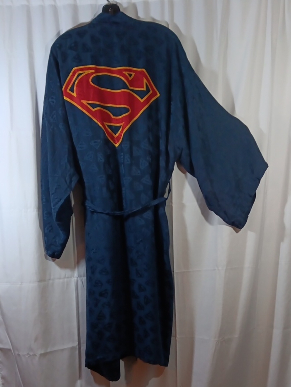Vintage Superman Navy Blue 100% Silk Kimono Robe Logo Warner Bros DC Comics 2000